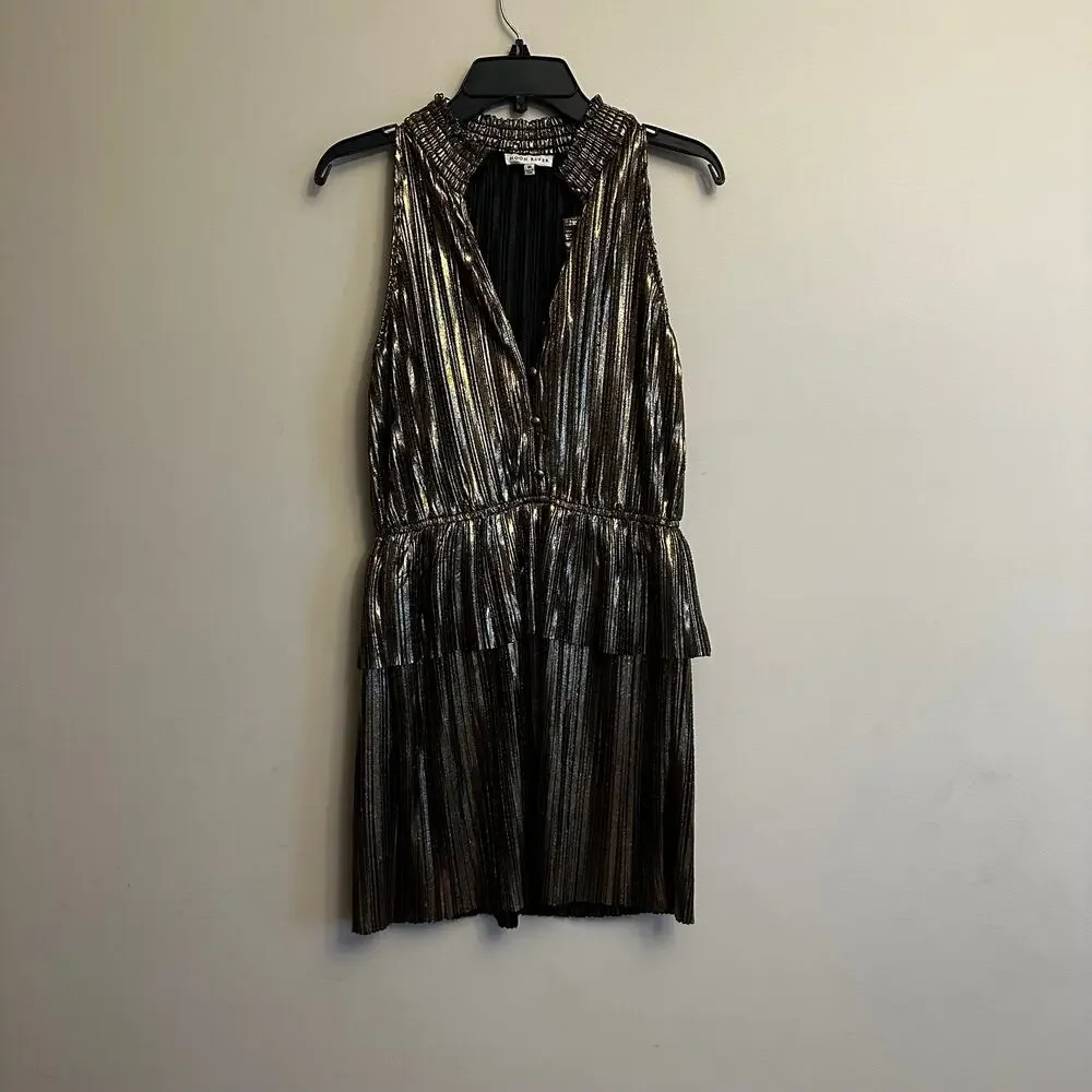 Moon River Metallic Pleated Sleeveless Mini Dress Medium Gold Black Party - Picture 2 of 7